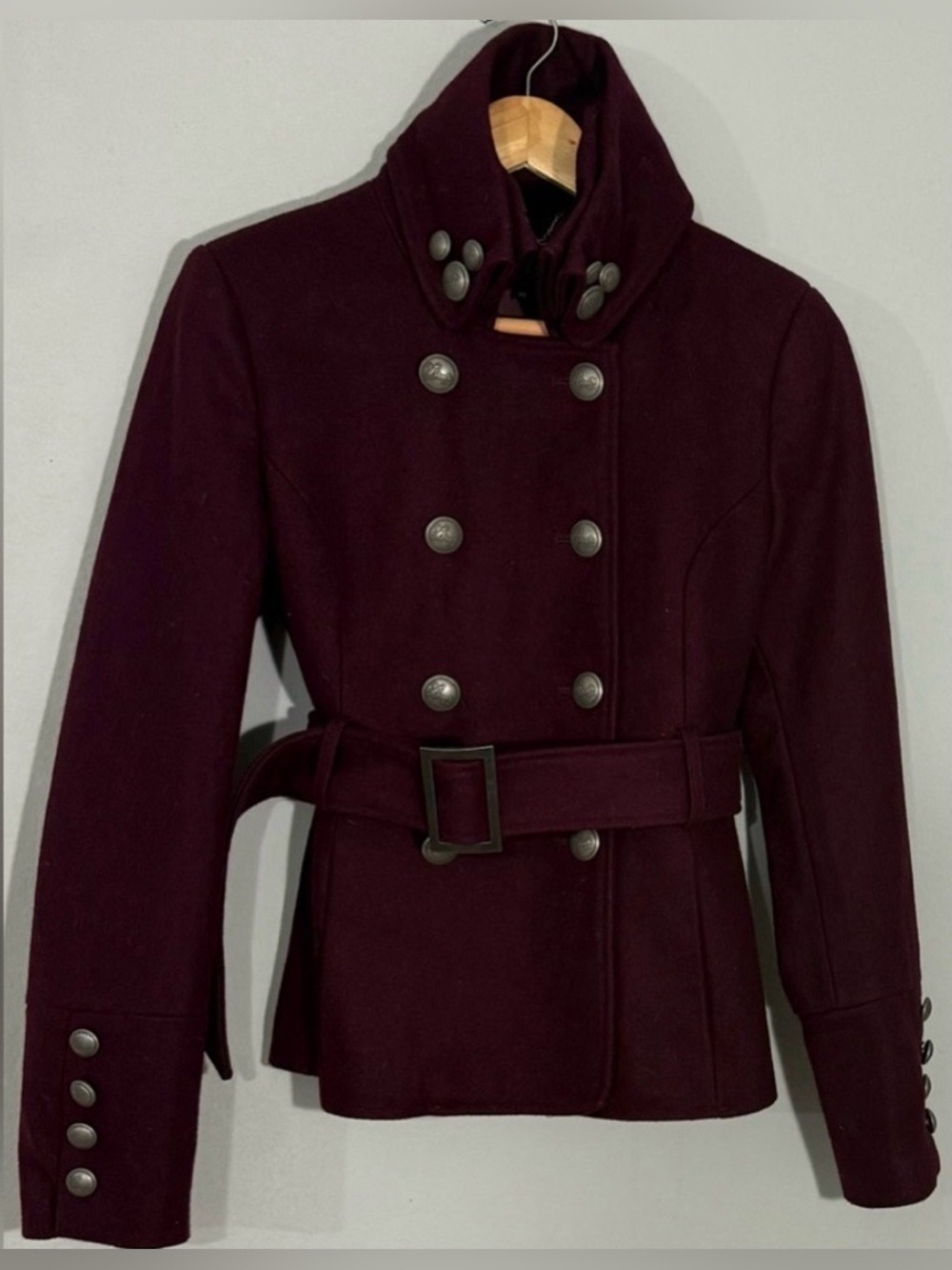 Black Rivet Burgundy Wool Peacoat Military Belted Womens XS